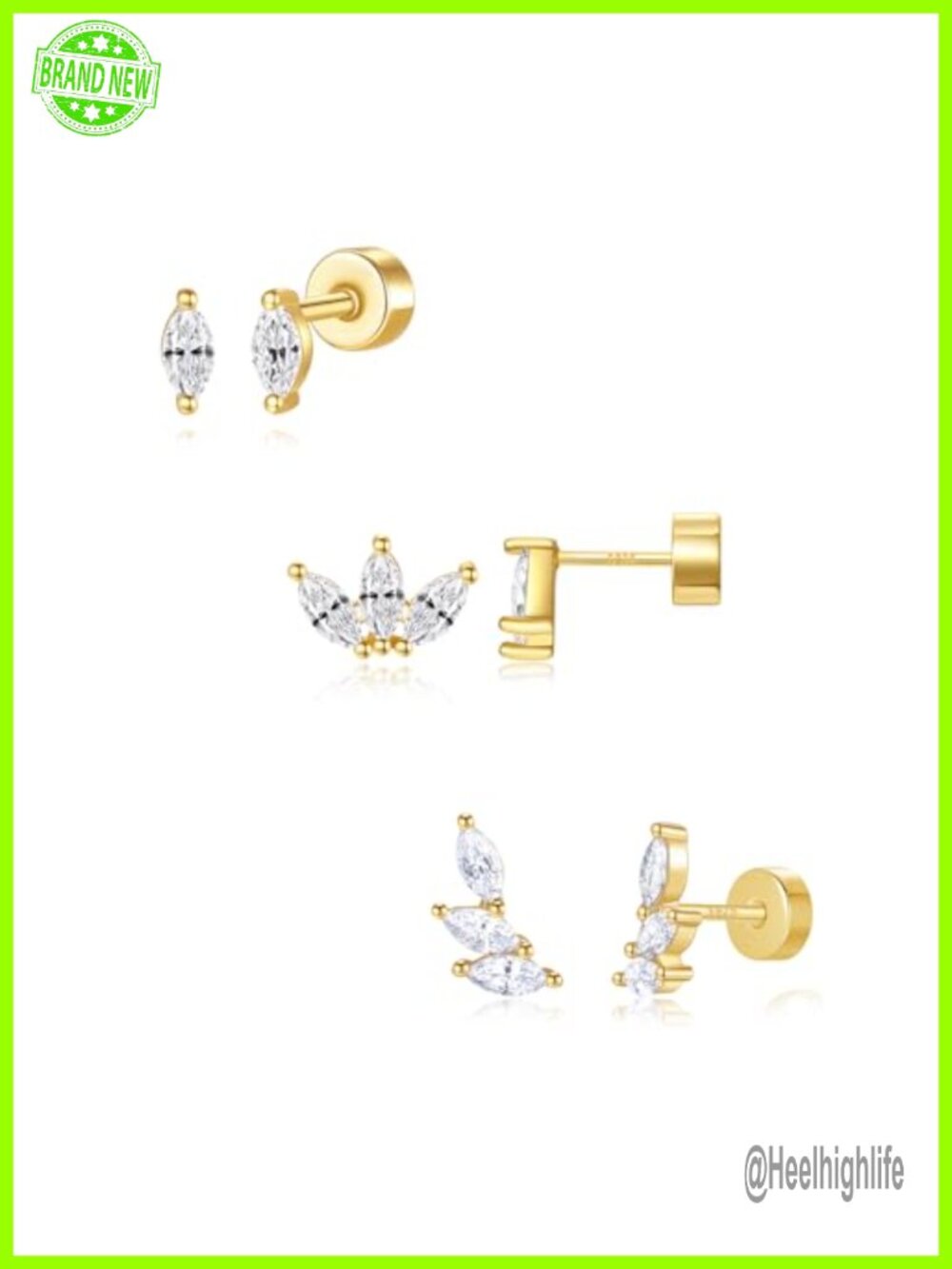 Sterling Silver Flat Back Stud Earrings Hypoallergenic Screw Back 3 Pairs